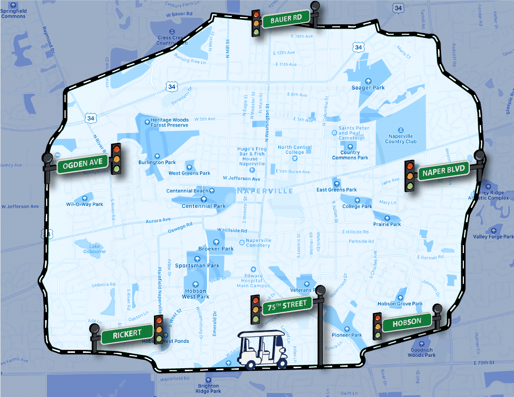 Point to point ride service area map: 2.5 miles around Downtown Naperville